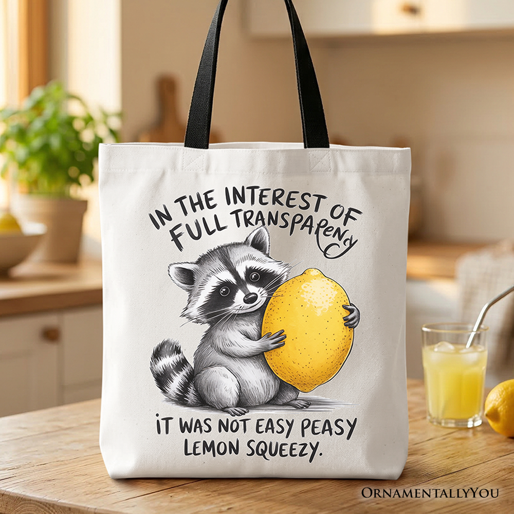 Funny raccoon tote bag featuring yellow lemon graphic and sarcastic text