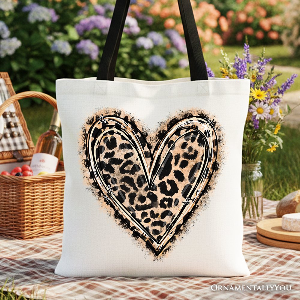 Leopard print heart graphic on a canvas cotton tote bag