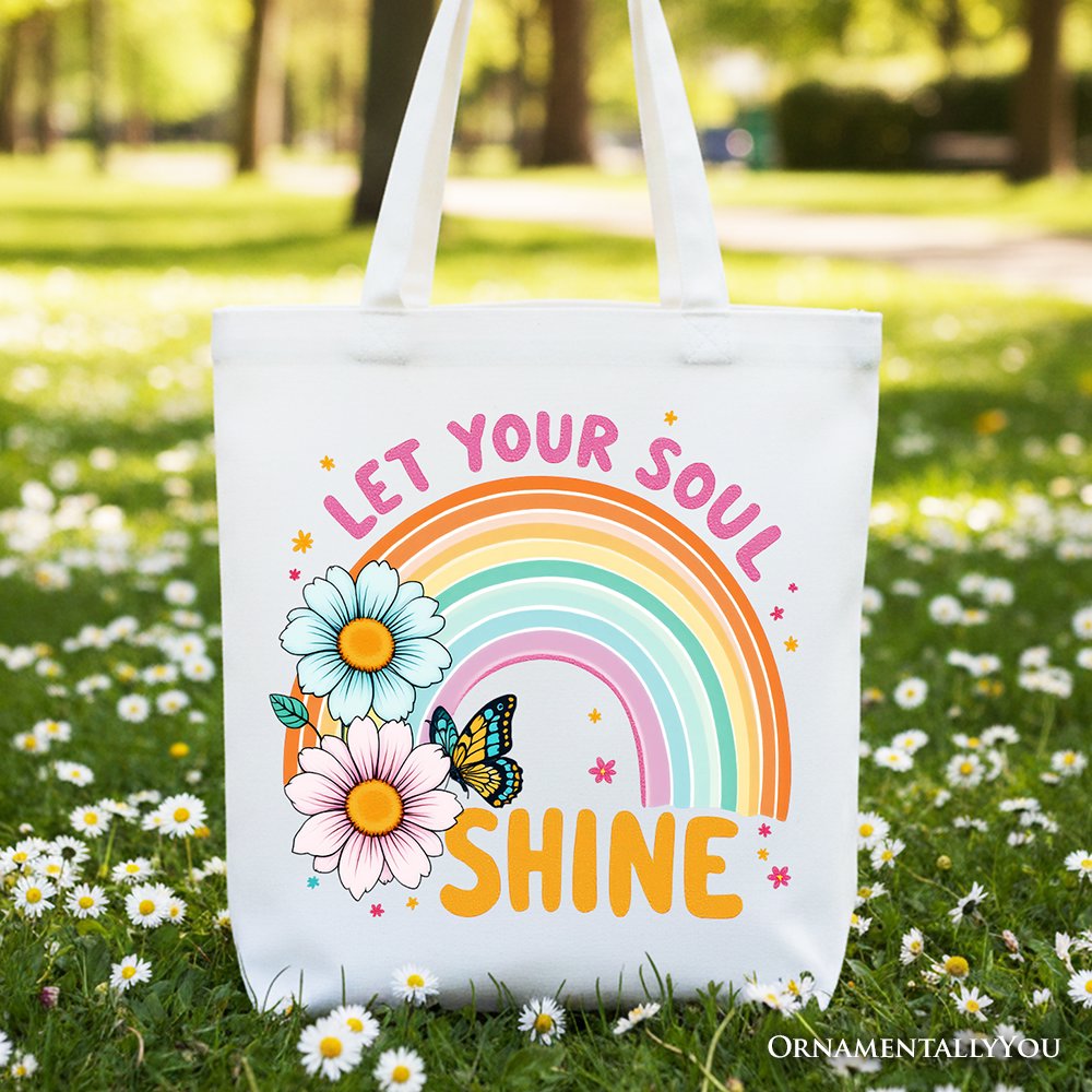 White cotton tote bag with Let Your Soul Shine text and pastel rainbow floral design