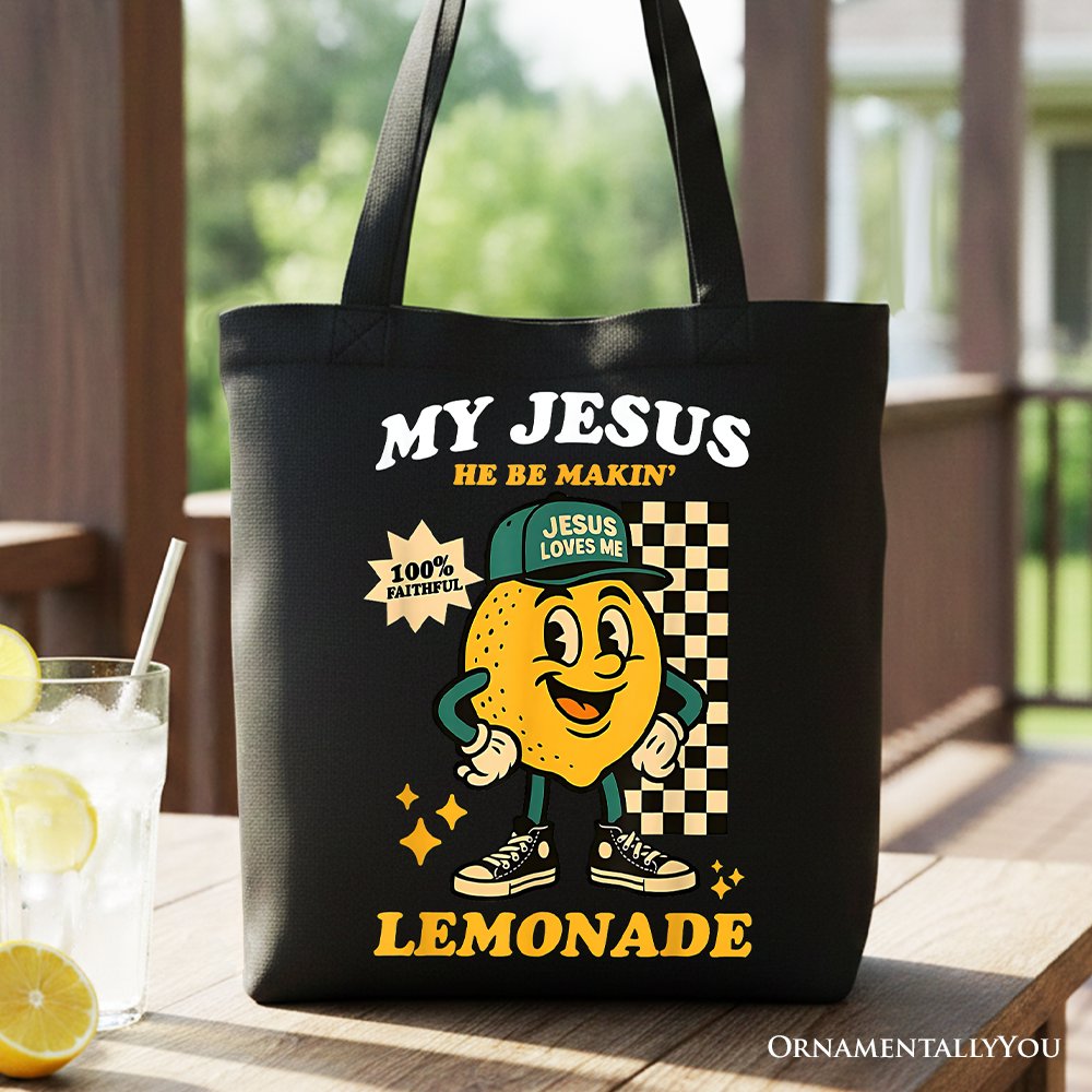 Life Gave Me Lemons Jesus Made Lemonade quote on a durable canvas tote bag