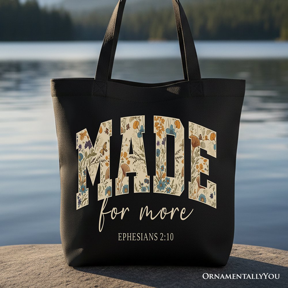 Minimalist floral canvas tote bag with Ephesians 2:10 scripture text, black and multi-color design.