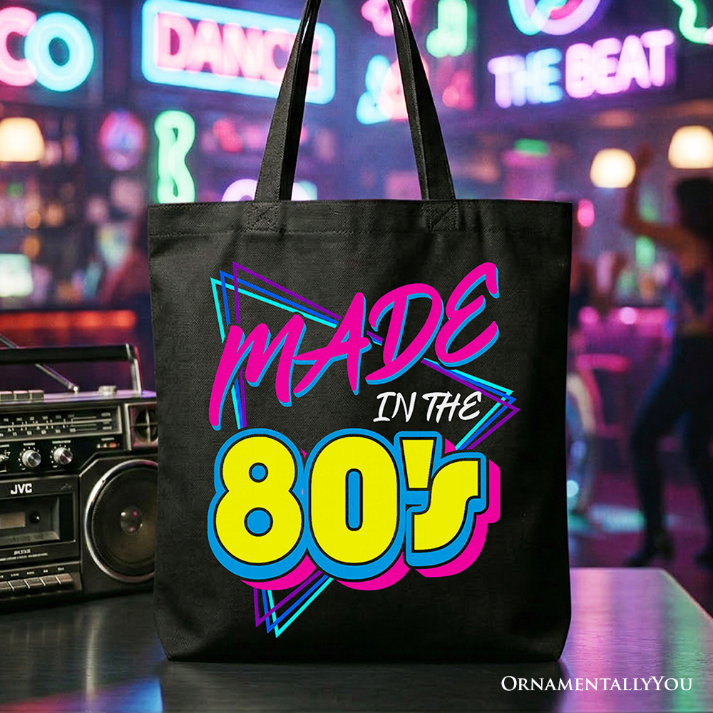 Neon retro Made In The 80s tote bag featuring bold colors and eighties-inspired design