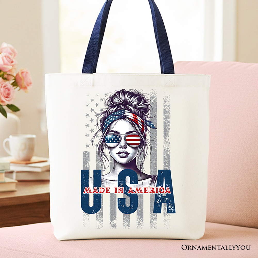 Retro white patriotic tote bag with messy bun and American pride graphic