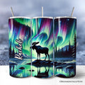 20oz personalized tumbler featuring a moose silhouette under vibrant green and purple northern lights.