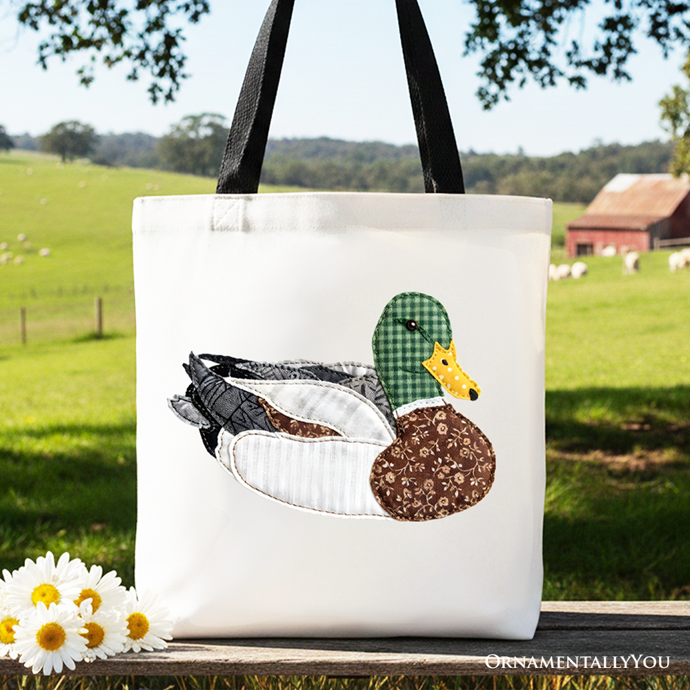 Mallard duck printed cotton patchwork tote bag in earth tones against a neutral background