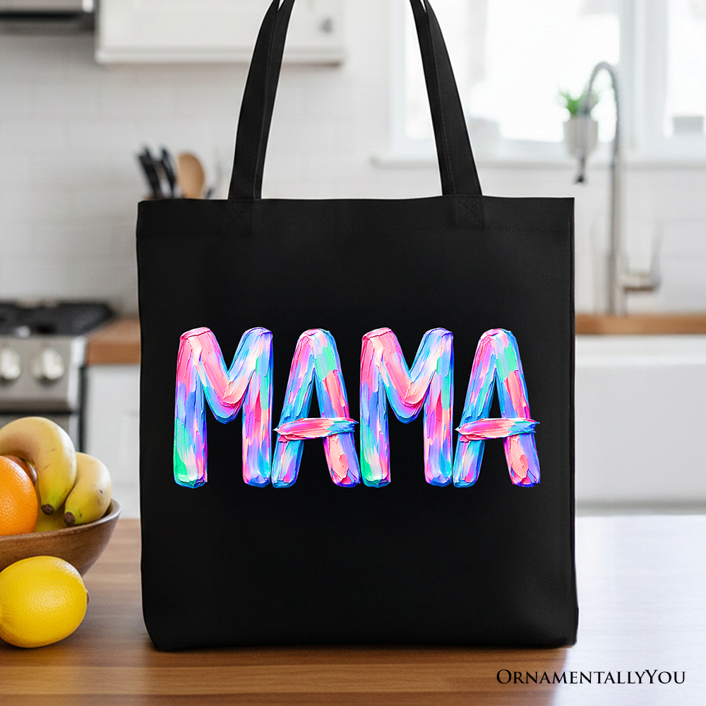 Mama brushstroke artistic tote bag in black and multi-color print.