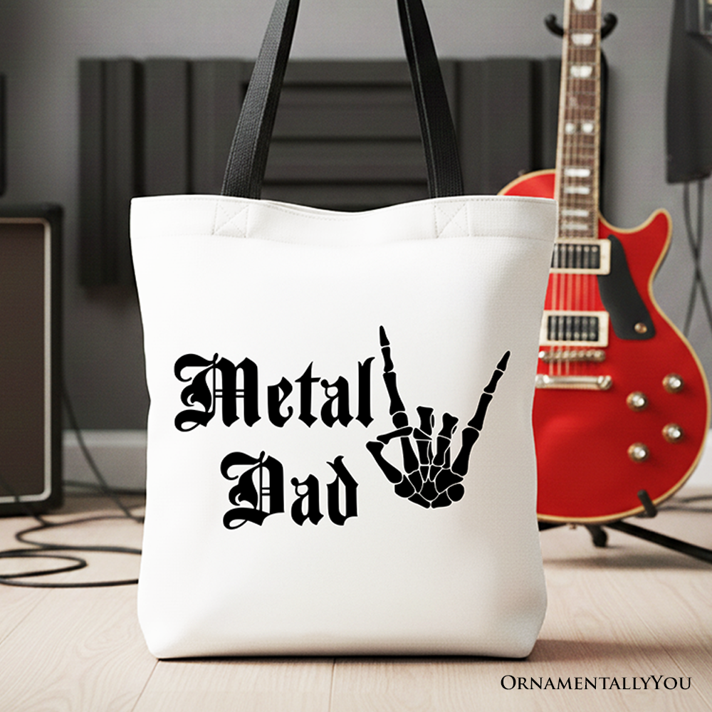 Metal Dad Skeleton tote bag with rock music hand sign graphic
