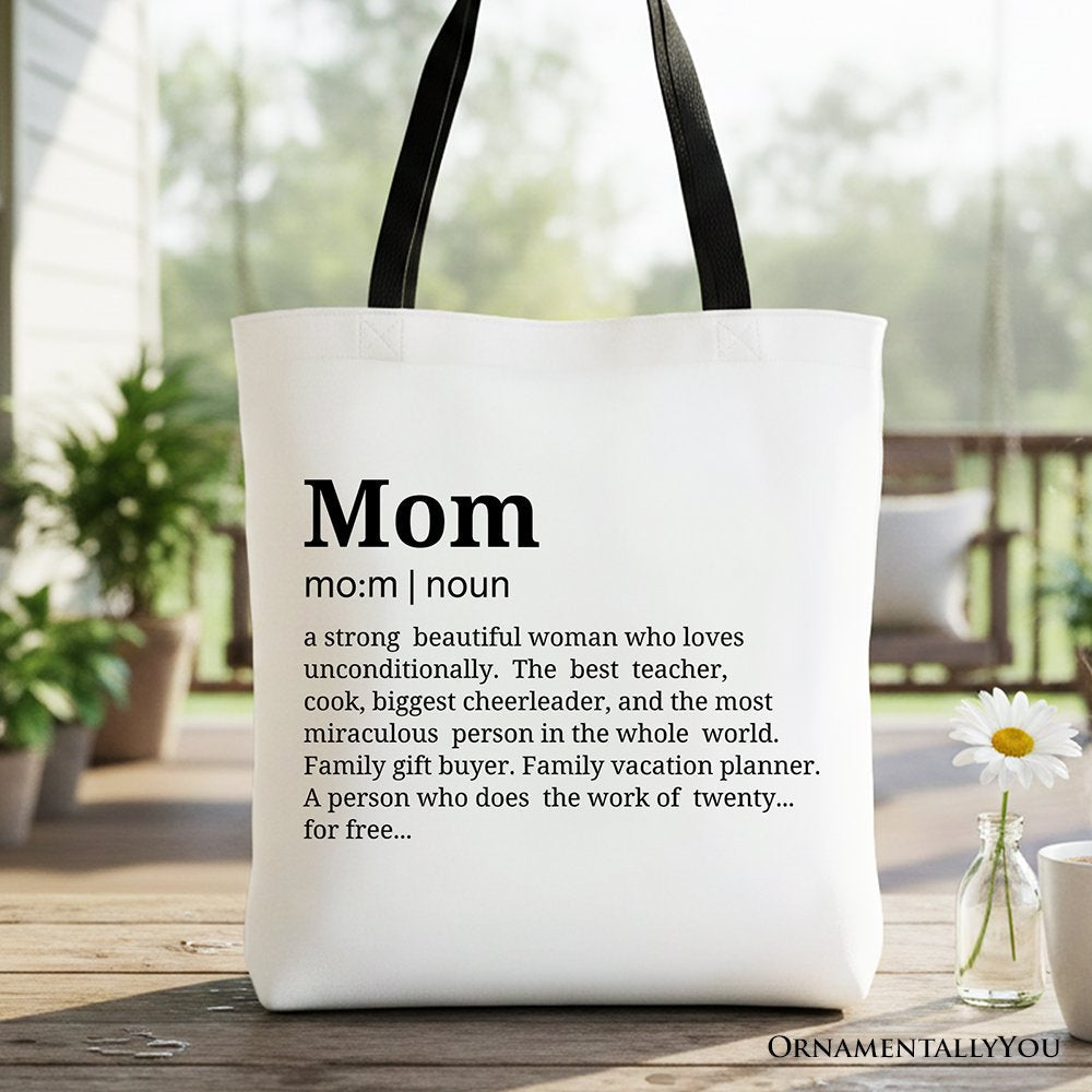 Minimalist cotton canvas tote bag with Mom definition text in black and white