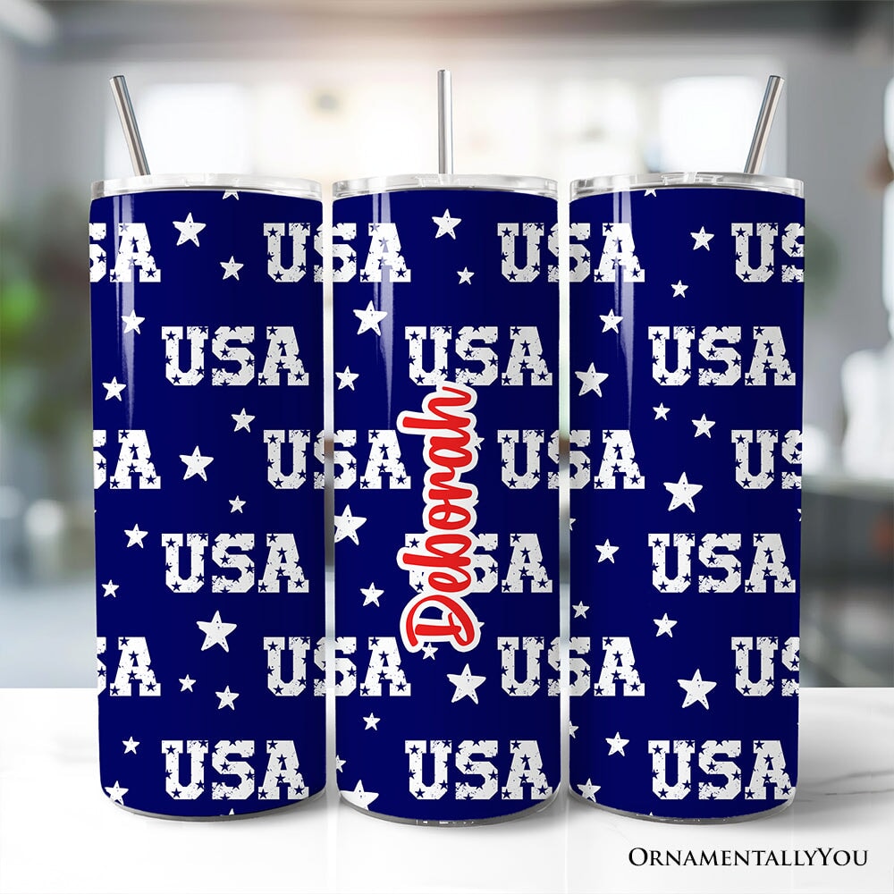 20oz navy blue tumbler with USA block letters pattern and stainless steel straw
