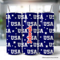 20oz navy blue tumbler with USA block letters pattern and stainless steel straw