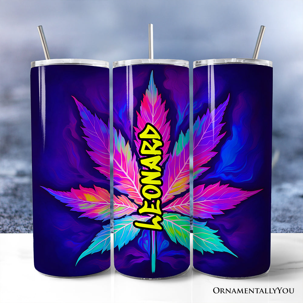 Neon cannabis leaf design on a 20oz stainless steel travel tumbler with a metal straw