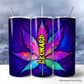 Neon cannabis leaf design on a 20oz stainless steel travel tumbler with a metal straw