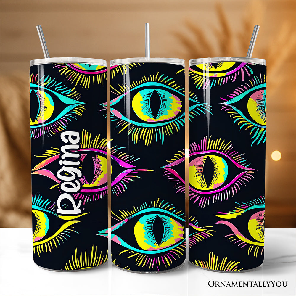 20oz stainless steel tumbler with neon-yellow, pink, and blue abstract evil eye design on matte black background.