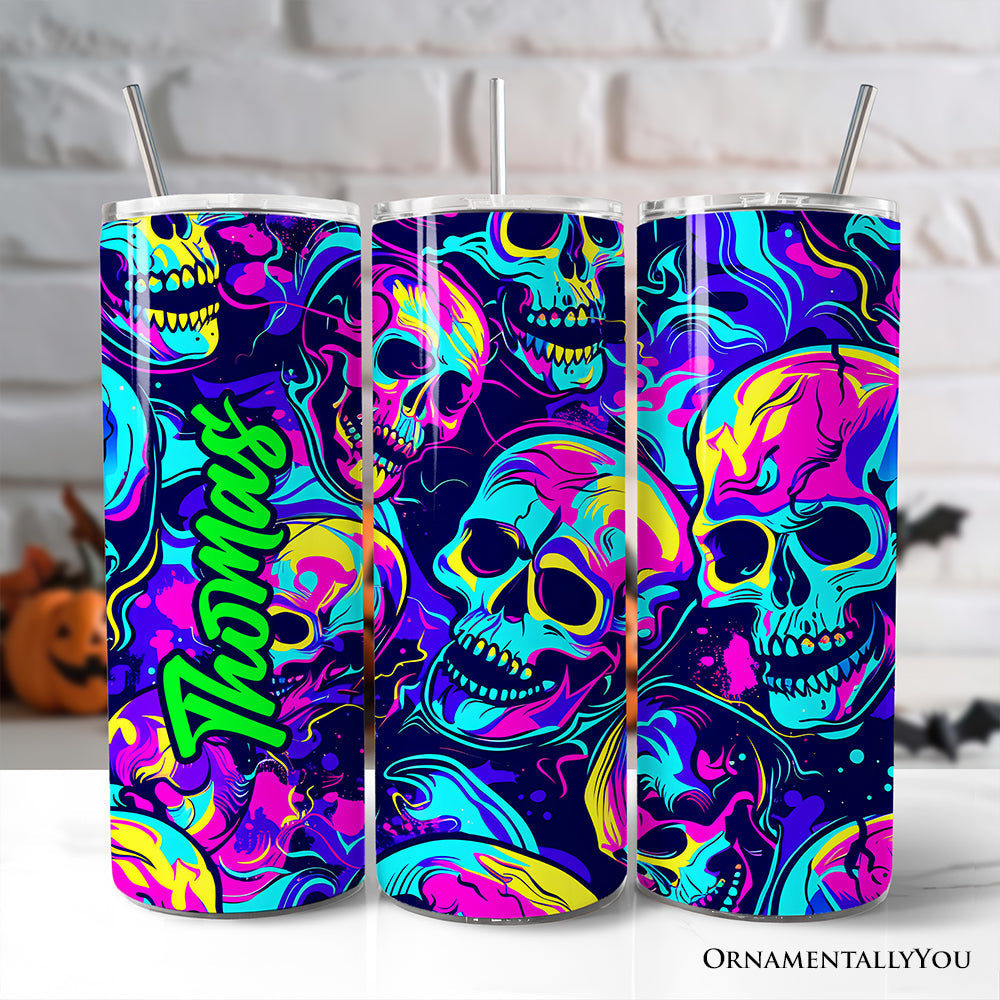 Neon Skull Chaos 20oz personalized stainless steel tumbler with lid and straw