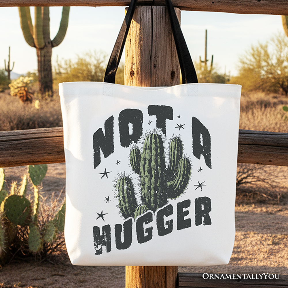 Not a Hugger cactus print tote bag with retro aesthetic design