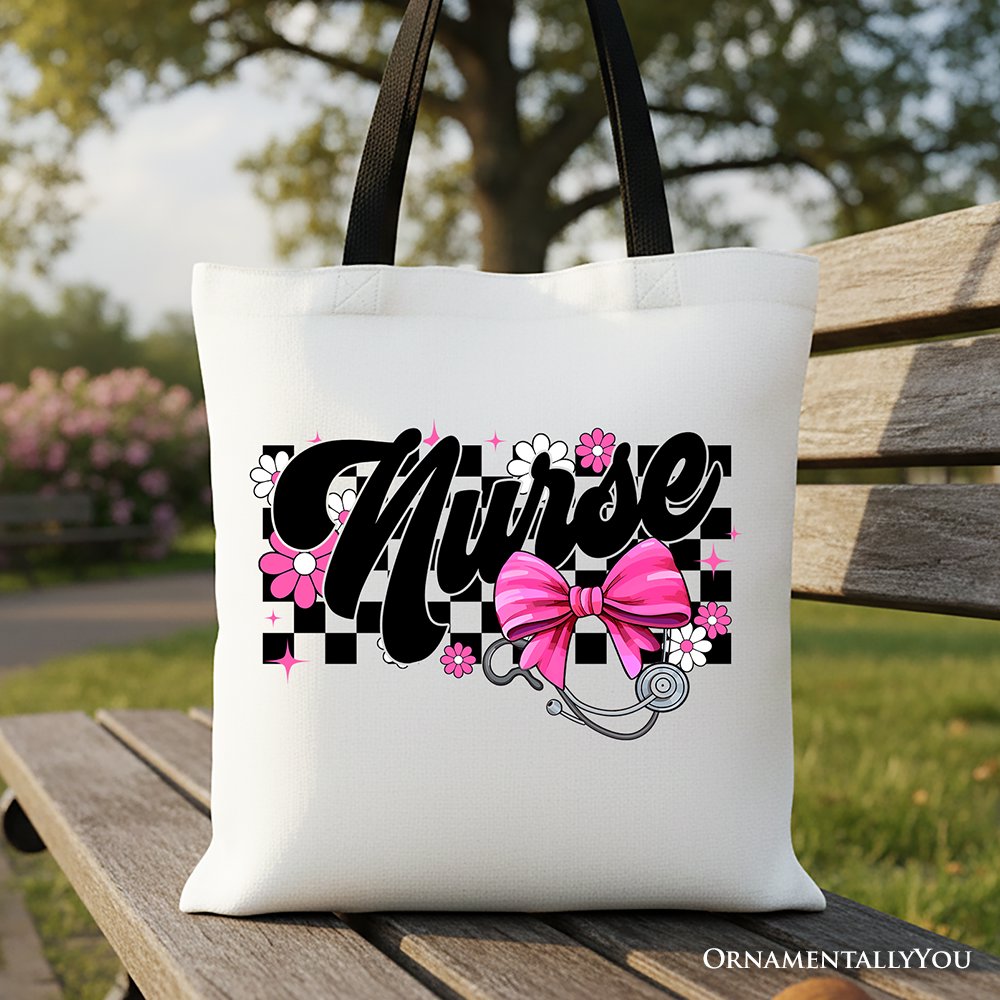 Pink floral nurse tote bag with retro stethoscope print and decorative bow detail