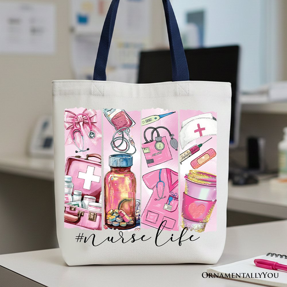 Nurse Life canvas tote bag in white, pink, and navy options