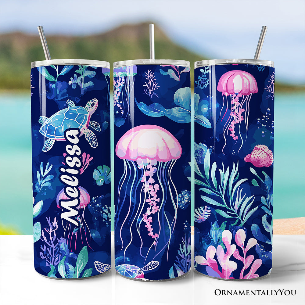 20oz stainless steel travel tumbler featuring an ocean coral reef design with sea turtles and jellyfish