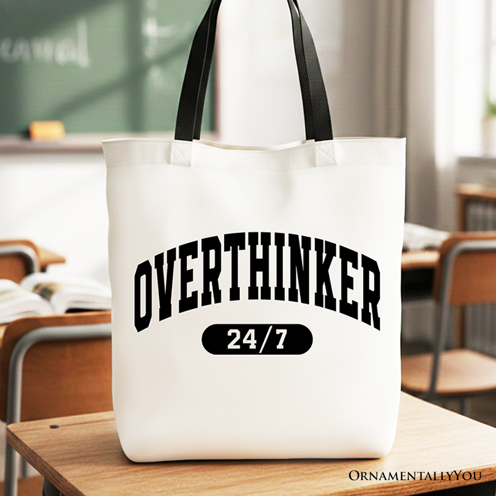 Minimalist black and white Over Thinker 24/7 cotton collegiate tote bag