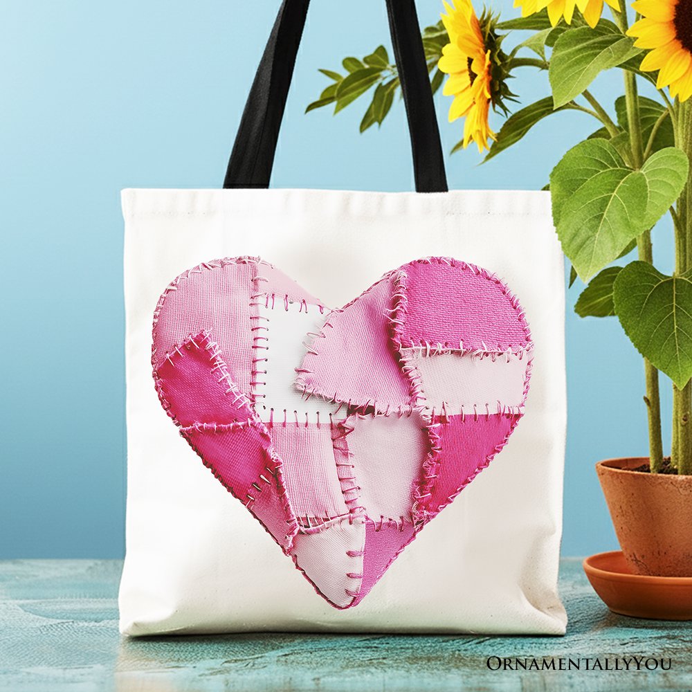 Patchwork-style pink heart printed canvas tote bag for valentine's day