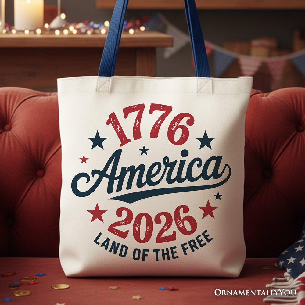 Patriotic 1776-2026 Land of the Free canvas tote bag in white, red, and navy-blue.