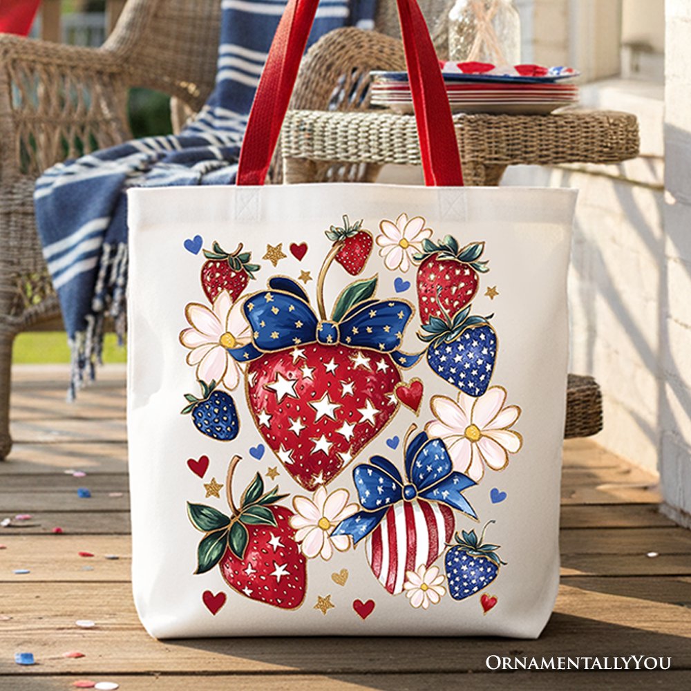 Patriotic strawberry bouquet print canvas tote bag in red, white, and blue, boho style.