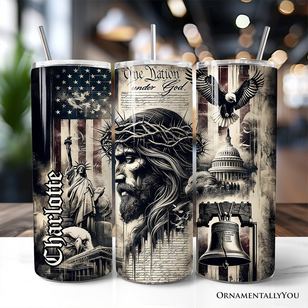 20oz patriotic Christian travel tumbler with One Nation Under God print in sepia and black tones.