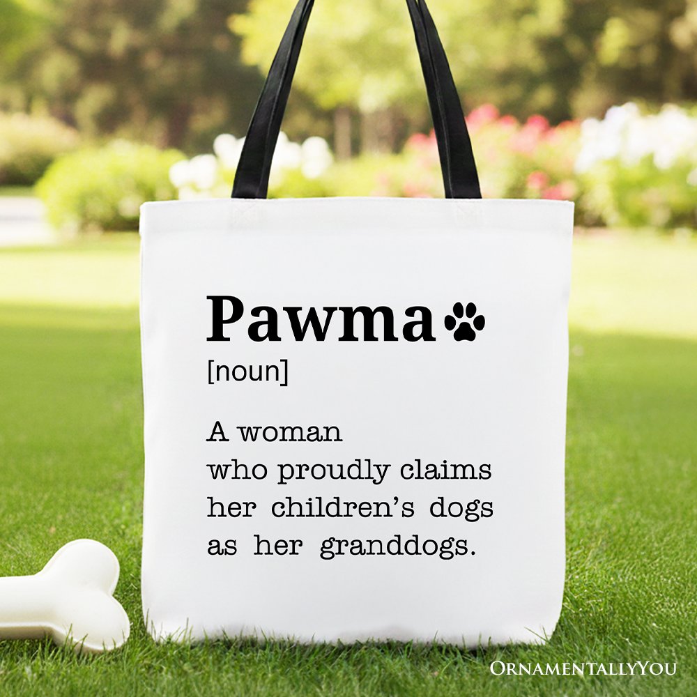 Funny Pawma definition canvas tote bag, a great gift for dog moms, featuring minimalist black text on white canvas.
