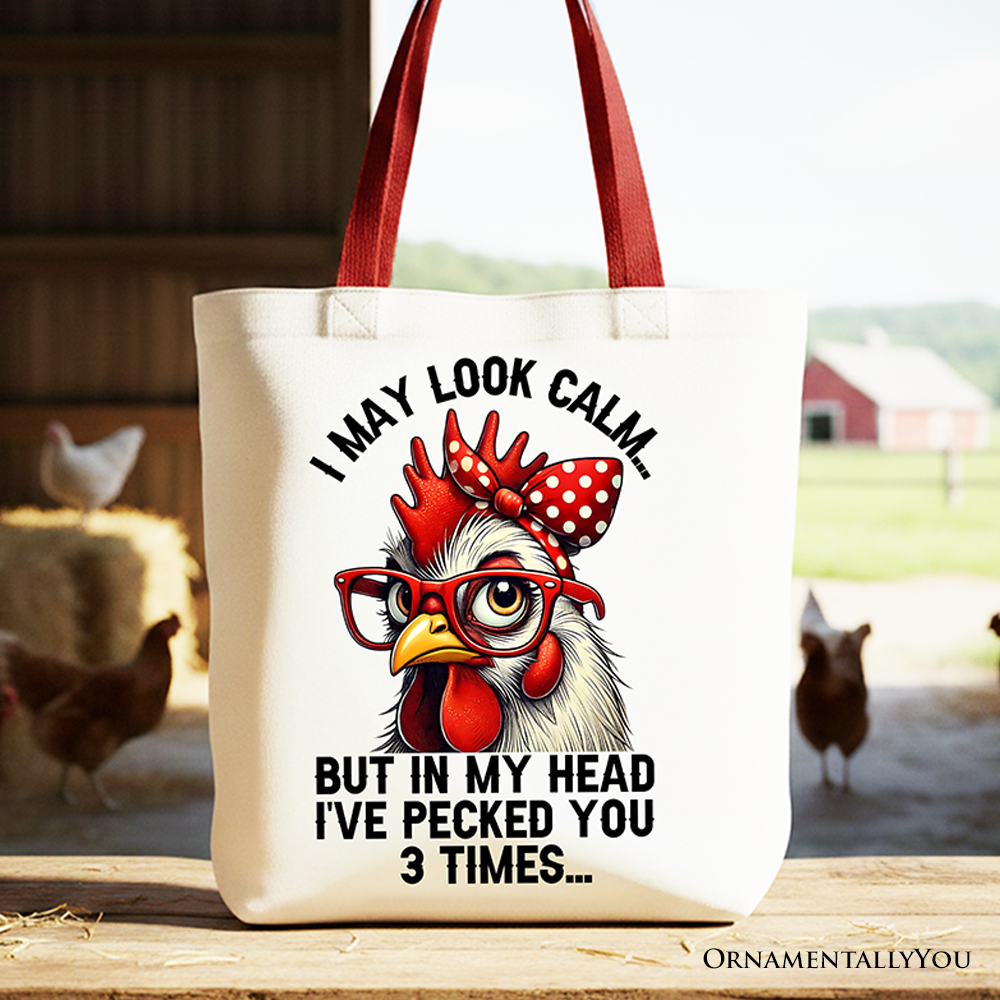 Pecking chicken graphic tote bag with red glasses and a bow