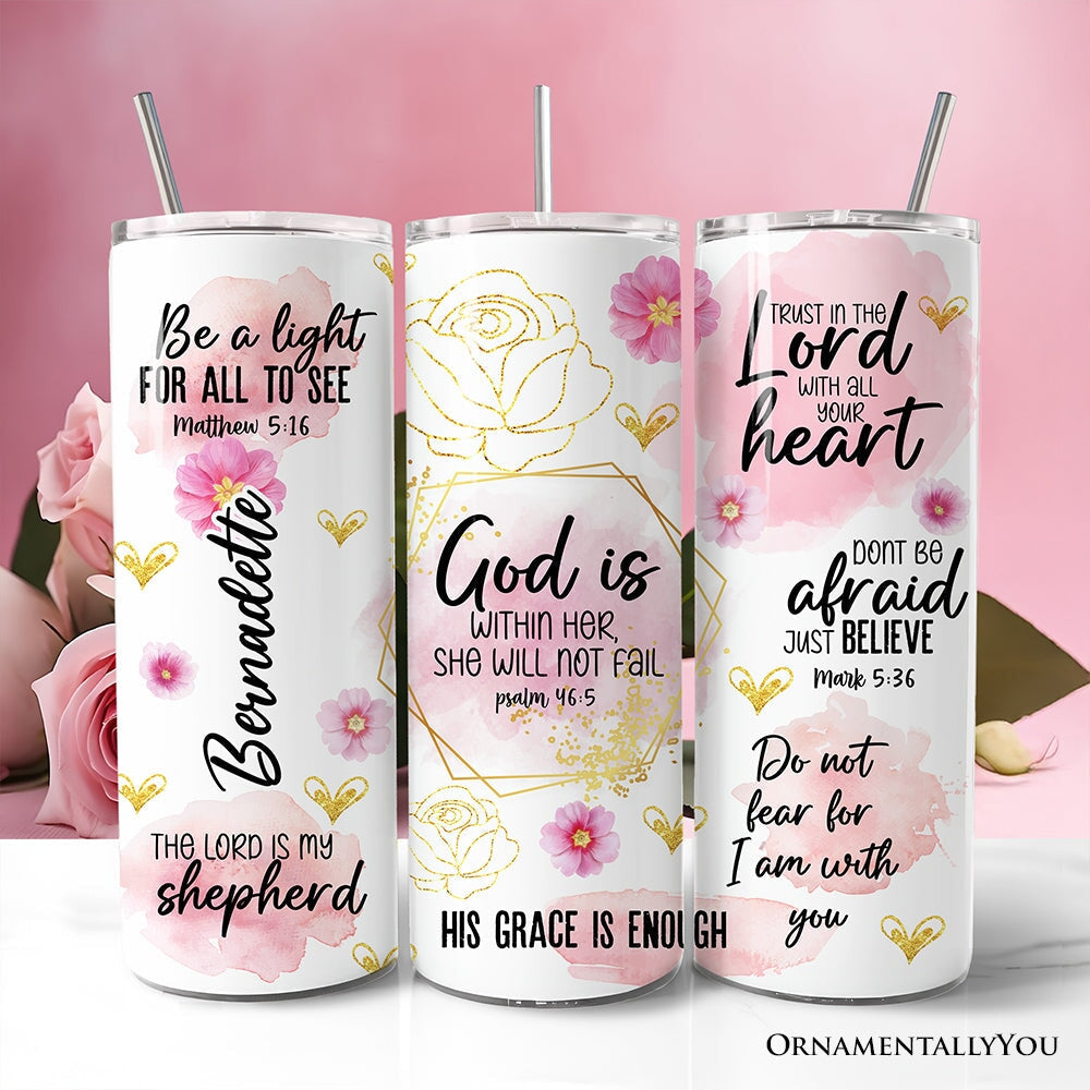 Personalized Pink Floral Bible Verse 20oz stainless steel tumbler with lid and straw