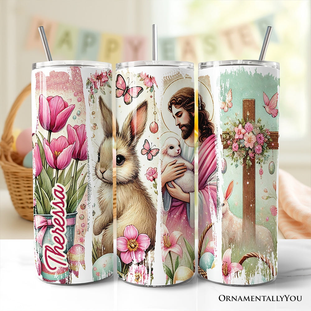 20oz pink travel tumbler with Jesus and bunny design for Easter