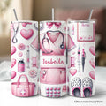 Pink Nurse Life 20oz personalized travel tumbler with stainless steel straw and lid.