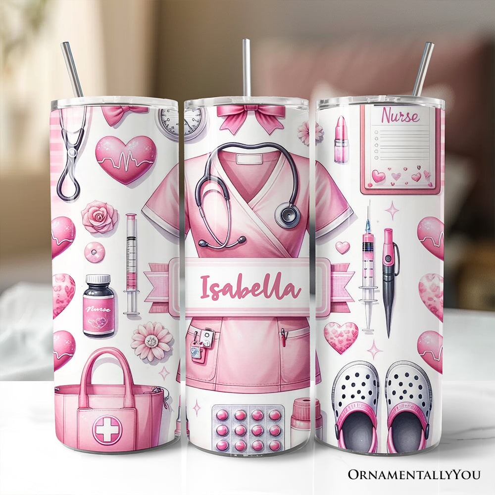 Pink Nurse Life 20oz personalized travel tumbler with stainless steel straw and lid.