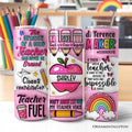 Pink Teacher Life 20oz personalized travel mug featuring a stainless steel straw and lid.