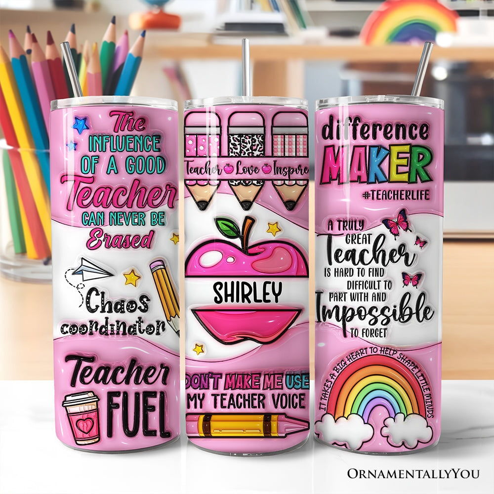 Pink Teacher Life 20oz personalized travel mug featuring a stainless steel straw and lid.