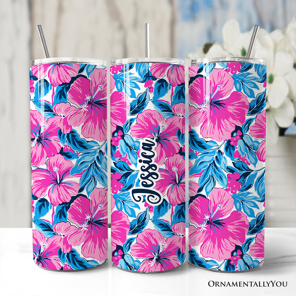 20oz stainless steel travel tumbler with pink and blue hibiscus flower pattern