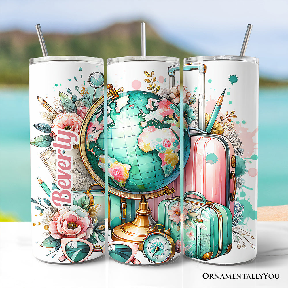 20oz Pink and Teal Wanderlust floral travel tumbler with stainless steel straw