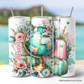 20oz Pink and Teal Wanderlust floral travel tumbler with stainless steel straw