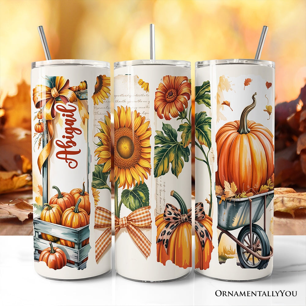 Autumn themed 20oz tumbler with pumpkins, sunflowers, and coquette bows