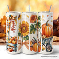 Autumn themed 20oz tumbler with pumpkins, sunflowers, and coquette bows