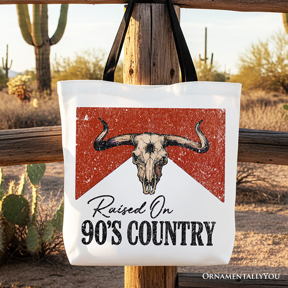 Raised on 90s country cotton tote bag with vintage bull skull graphic