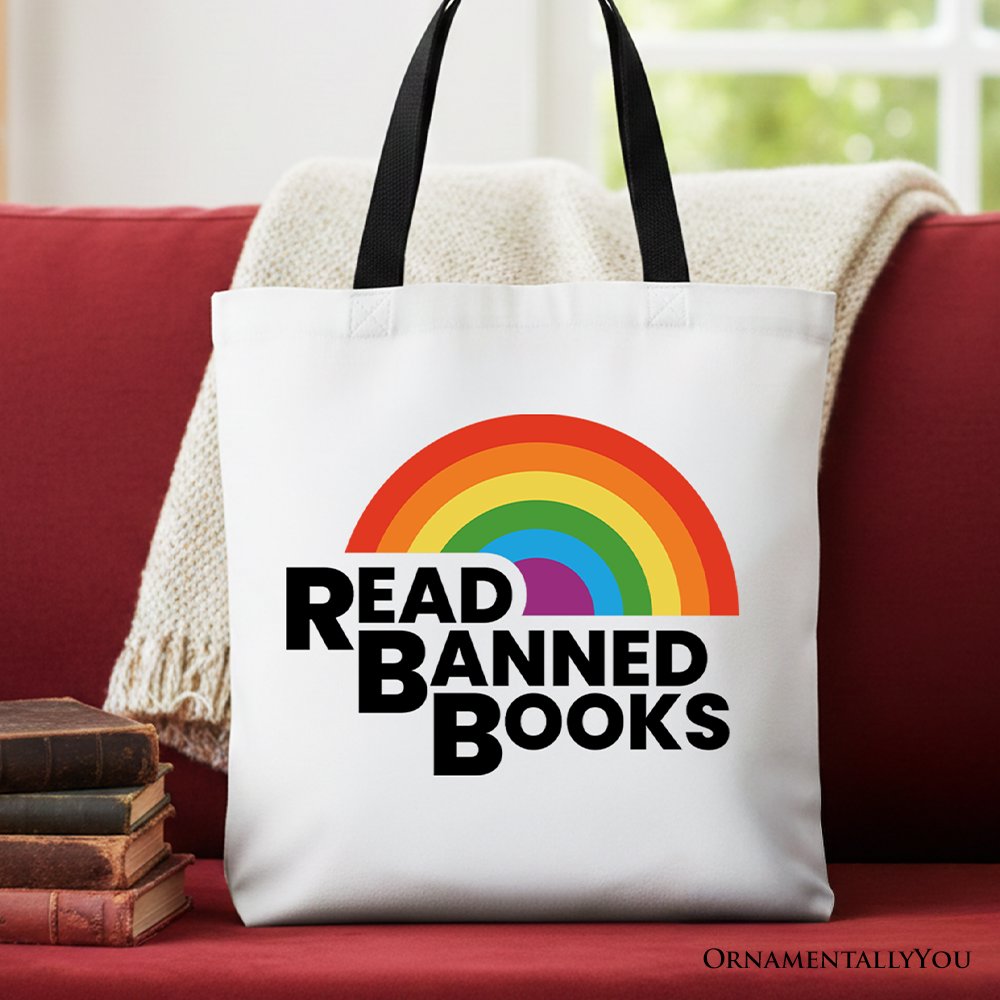 Read Banned Books Rainbow Canvas Tote Bag with bold typography, ideal for book lovers.