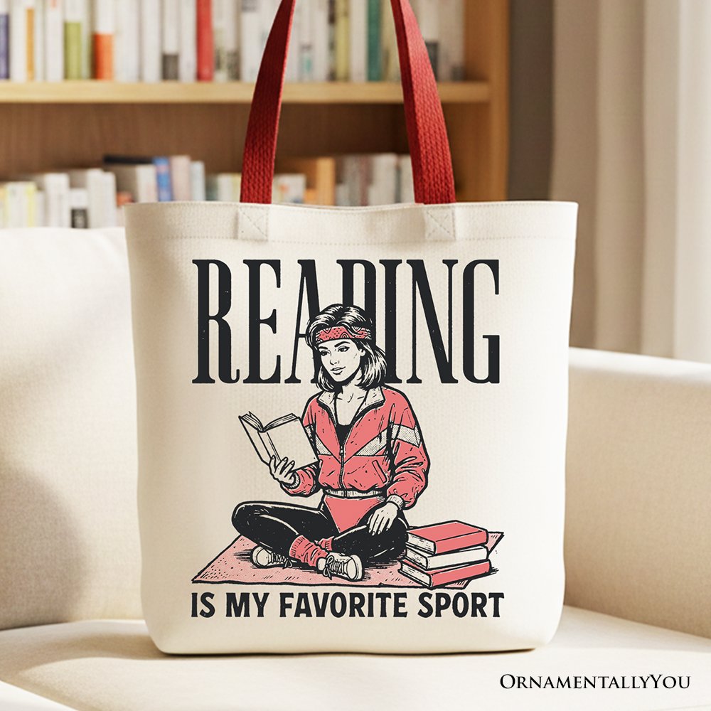Retro Reading Is My Favorite Sport canvas tote bag in beige, red, and black, 15x16 inches