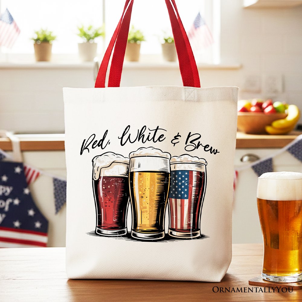 Red White and Brew patriotic tote bag with USA-themed graphic for 4th of July celebrations