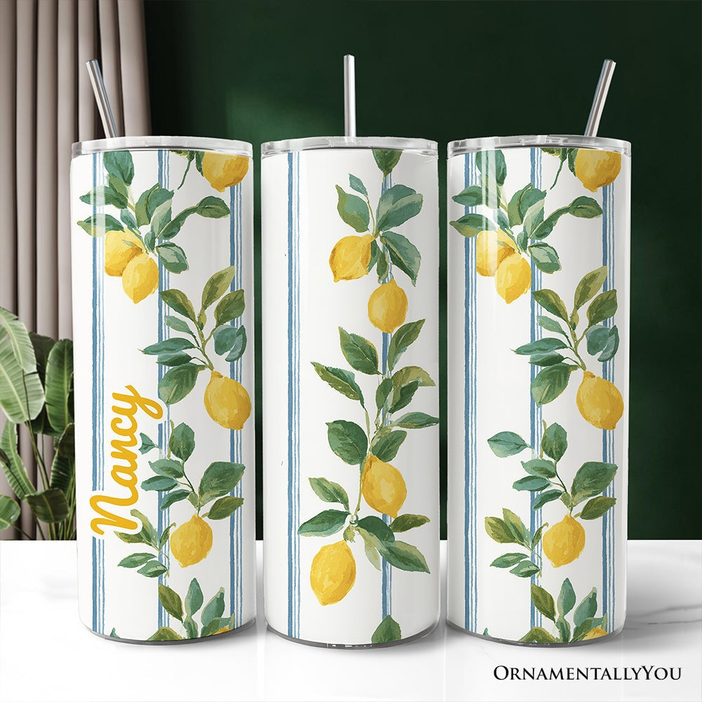 20oz personalized tumbler featuring a refreshing lemon branch citrus pattern with a stainless steel straw