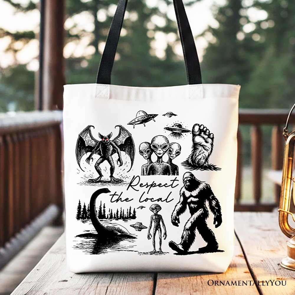 Respect The Local Cryptid Squad canvas tote bag with funny alien and Bigfoot print
