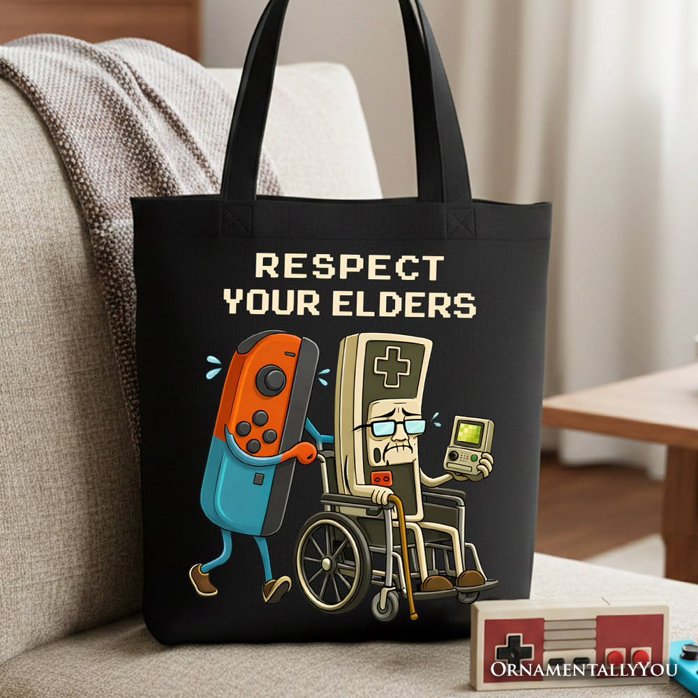 Retro gaming controller graphic on a durable reusable shopper tote