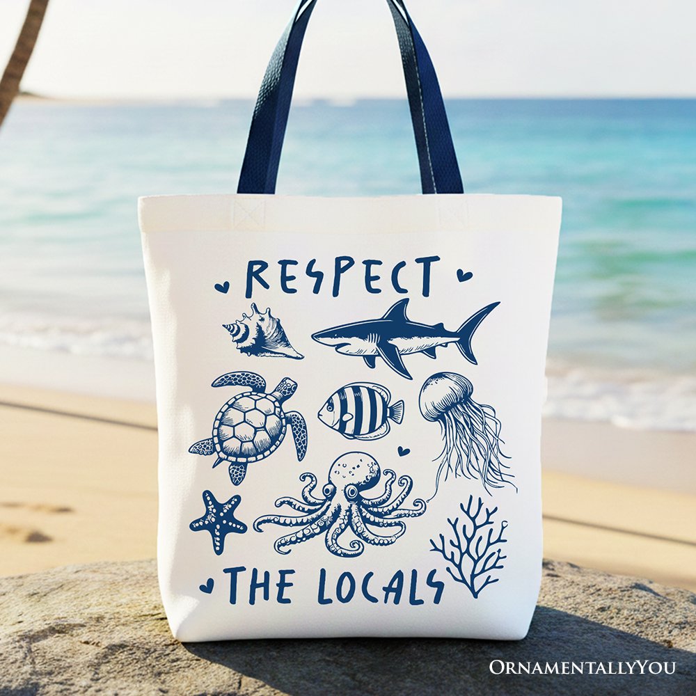 White and blue Respect the Locals canvas tote bag with ocean animal graphics.