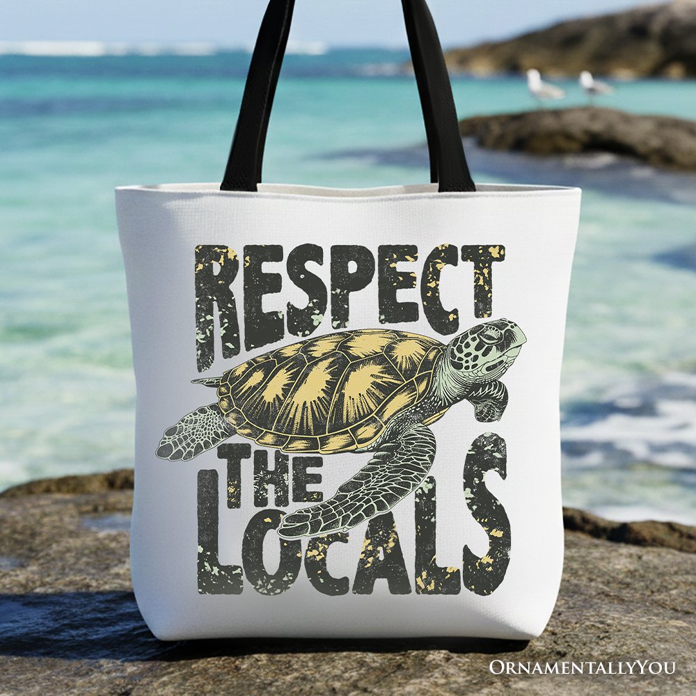 Respect the Locals Sea Turtle graphic on a white cotton canvas tote bag