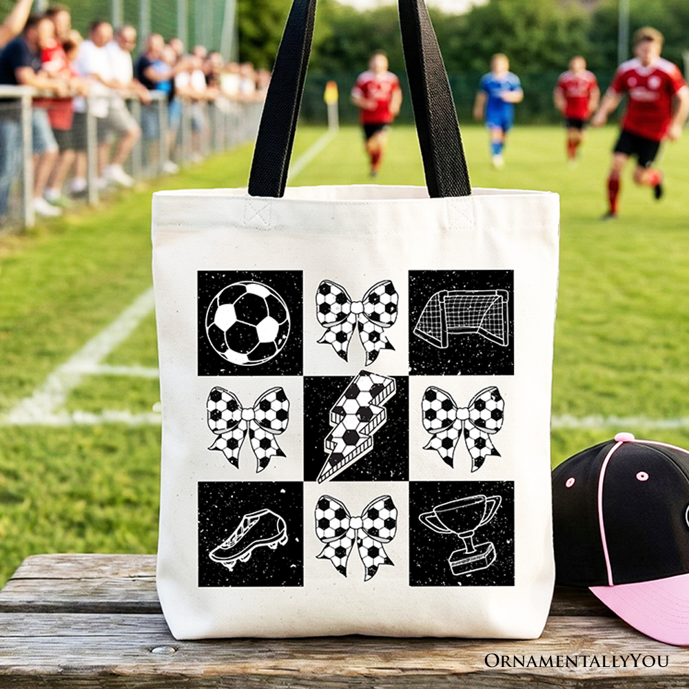 Retro checkered soccer tote bag with coquette bow detail in white and black